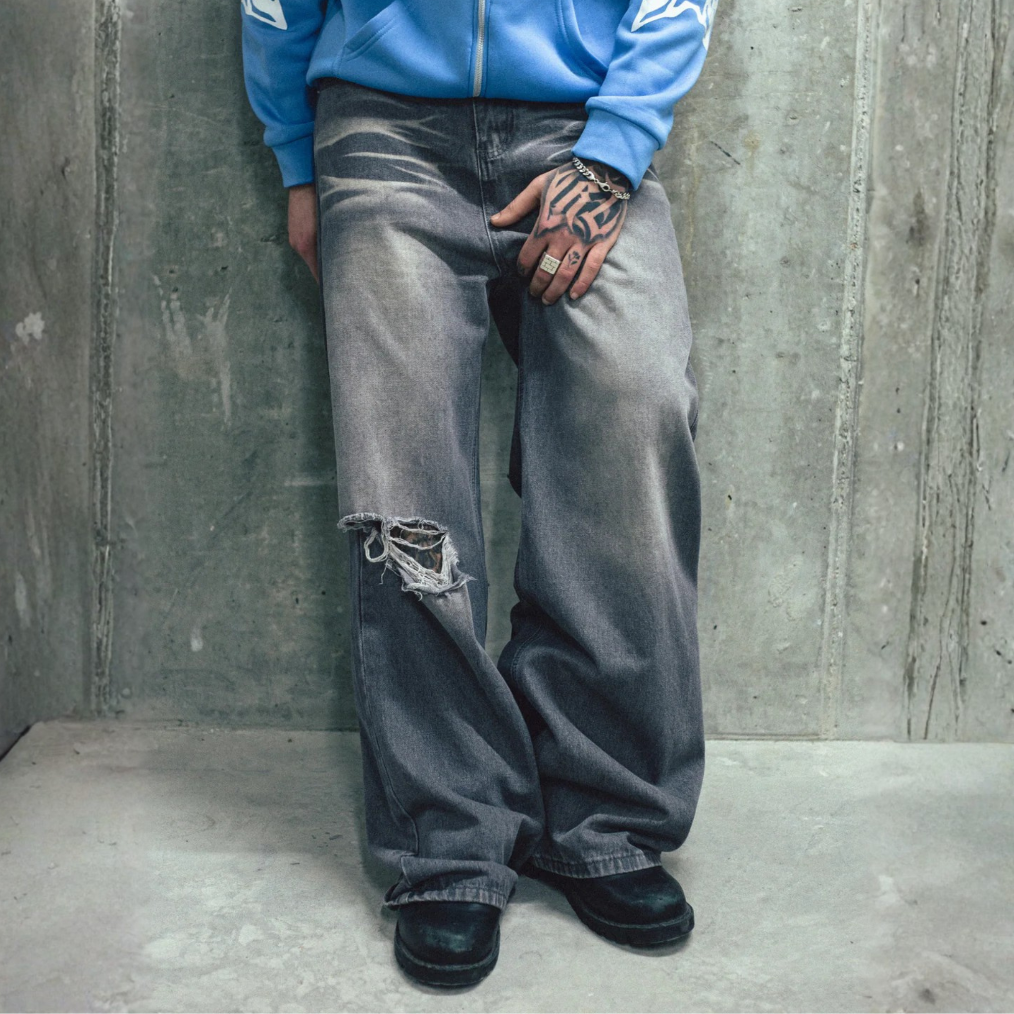 Destroyed gray denim